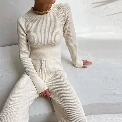 Solid Rib Knitting Sweater Set